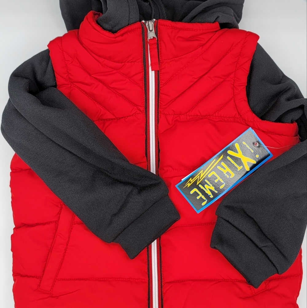 Xtreme - (NWT) Boys Red & Black Puff Hoodie Vest Jacket With Zipper & Pocket